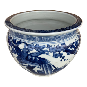 Vintage Japanese Blue & White Bird & Cherry Blossom Jardinière / Planter