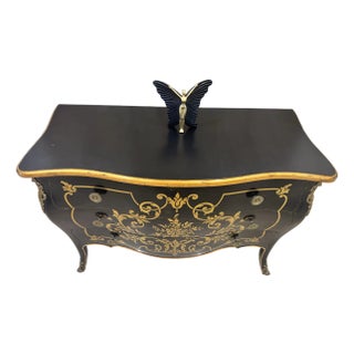 Vintage European Hand-Painted Black & Gold Curved Commode – French Baroque Style For Sale