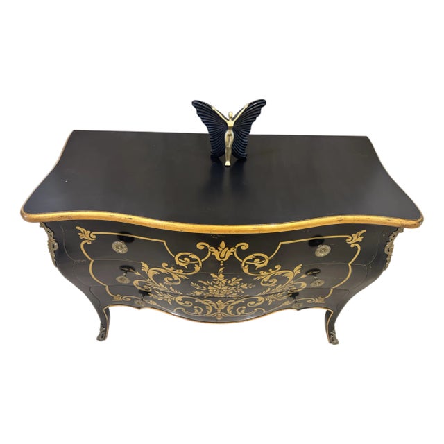 Vintage European Hand-Painted Black & Gold Curved Commode – French Baroque Style For Sale