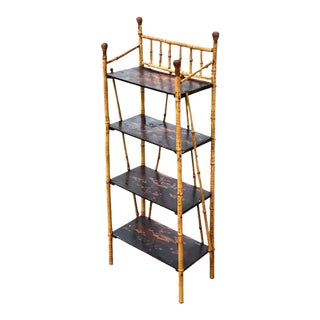Antique English Burnt Bamboo Chinoiserie Wood Painted Bookshelf or Bookcase For Sale