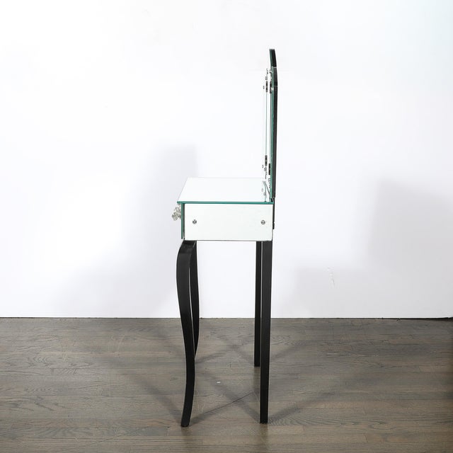 Art Deco Hollywood Mirrored Trifold Ebonized Cabriole Leg Vanity W/ Glass Pulls For Sale - Image 11 of 18
