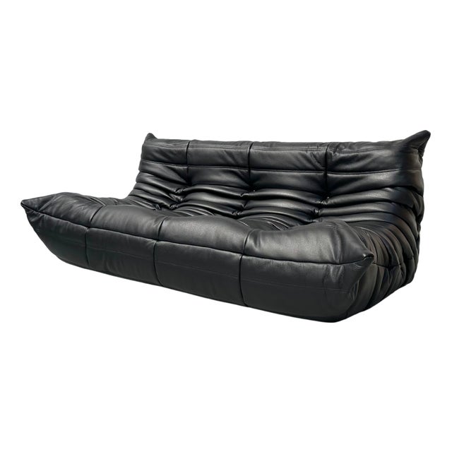 French Togo Sofa in Thick Black Cow Leather attributed to Michel Ducaroy for Ligne Roset, 1970s For Sale