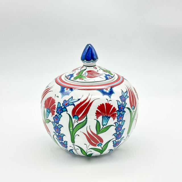 2020s Handmade Ceramic Lidded Bonbonniere Jar Red Tulips and Carnations Round Globe For Sale - Image 5 of 8