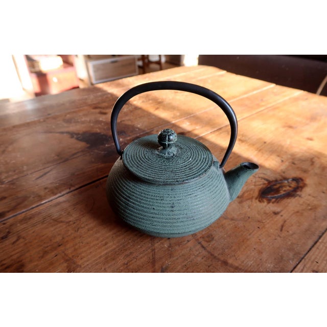 Metal Vintage Green Cast Iron Teapot, Japanese Tetsubin Style, Ribbed For Sale - Image 7 of 11