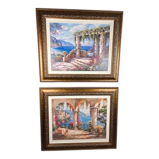Large Sung Kim Mediterranean Coast Textured Art Prints - A Pair 33" X 39" For Sale