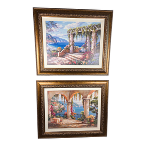 Oversized Mediterranean Coastal Landscape Paintings by Sung Kim – A Symmetrical Pair