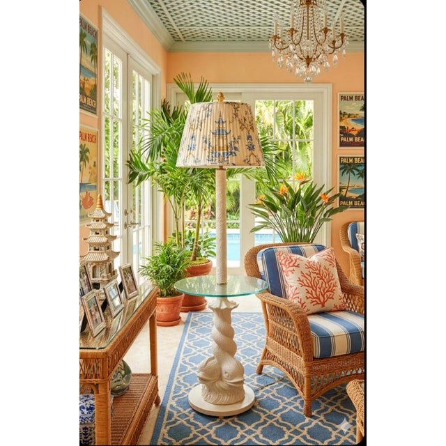 1970s Vintage Koi Dolphin Plaster Glass Regency Table Floor Lamp Combo For Sale - Image 5 of 5