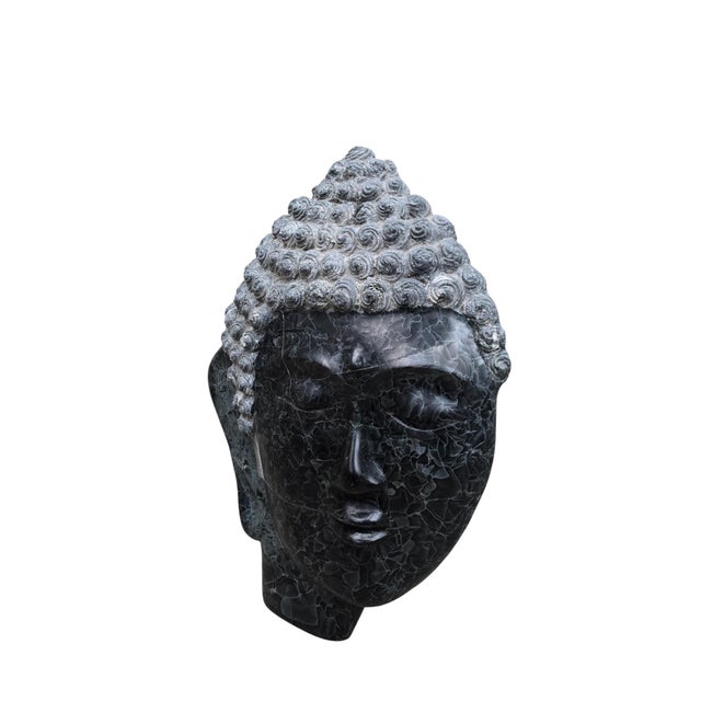 Vintage Hand-Carved Thai Black Marble Buddha Head Sculpture For Sale In Chicago - Image 6 of 8