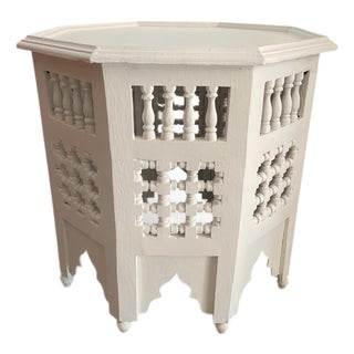 Contemporary Moroccan Octagonal Hand-Carved White Inlaid Side Table For Sale
