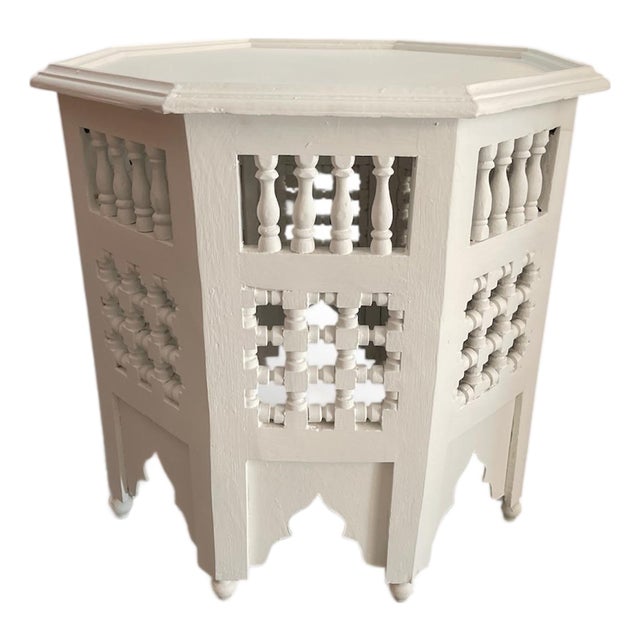Contemporary Moroccan Octagonal Hand-Carved White Inlaid Side Table For Sale