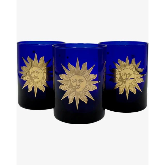 Details: -Comes with 3 Culver cobalt blue celestial tumbler cocktail glasses -Glasses feature beautiful gold suns & moons...