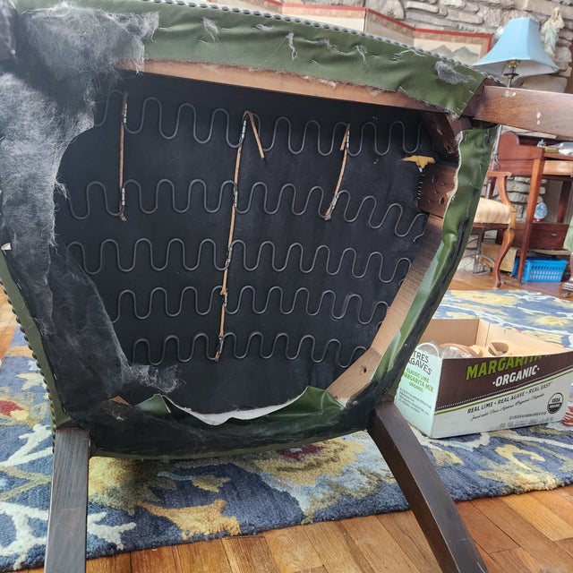 Mid 20th Century MCM Library Chair Moss Green Leather Blend/Woven Fabric With Button Tuft & Nailtacks, Swirled Arms, Dark Wood, Executives For Sale - Image 11 of 13