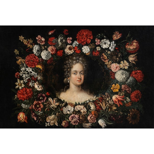Henri Gascar, French 1635-1701, Oil On Canvas. A fine portrait of a lady surrounded by a lush floral ring in a vibrant...