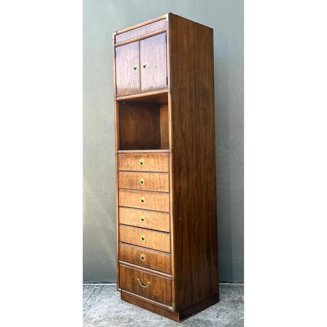 Wood Vintage Drexel Wood and Metal Campaign Tall Cabinet For Sale - Image 7 of 12