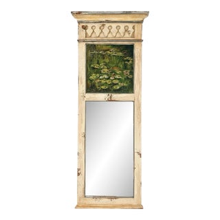 Cream Distressed French Trumeau Mirror With Original Signed Water Lily Painting For Sale