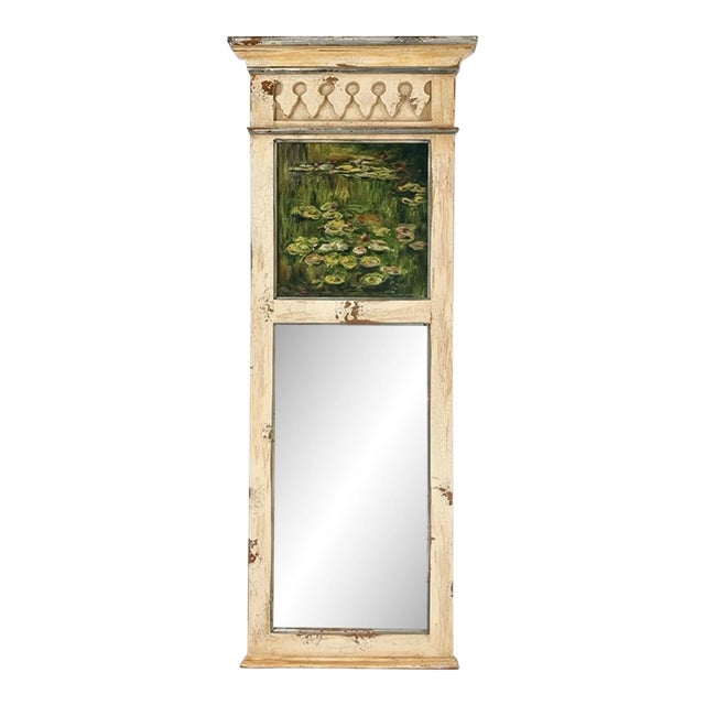 Cream Distressed French Trumeau Mirror With Original Signed Water Lily Painting For Sale