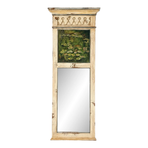 Cream Distressed French Trumeau Mirror With Original Signed Water Lily Painting