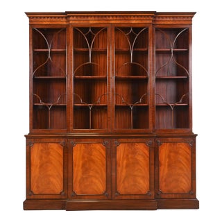 Schmieg & Kotzian Georgian Carved Mahogany Breakfront Bookcase Cabinet, Circa 1940s For Sale