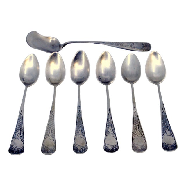 Coffee Spoons and Sugar Shovel in Chiseled Silver, Set of 6 For Sale