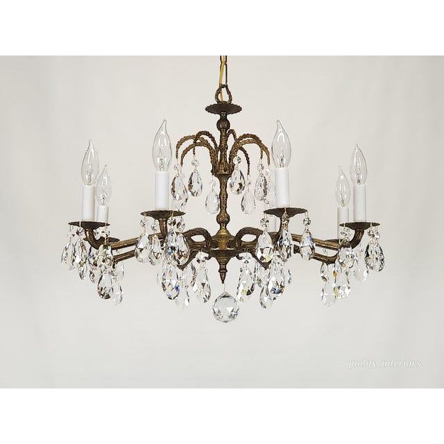 Shabby Chic Antique 8 Arm Dark Patina Opulent Brass Cut Lead Glass Crystal Chandelier For Sale - Image 3 of 15