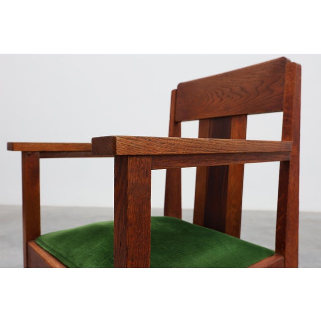 1920s Amsterdamse School Oak and Velvet Side Chair, the Netherlands, 1920s For Sale - Image 5 of 15