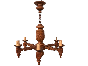 Large 6-Light Chandelier in Carved Walnut, Italy, 1920s