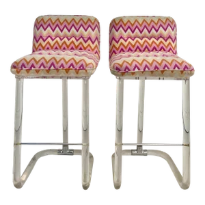 Pair of Leon Frost Signed Lucite Swivel Bar Stools by Lion in Frost