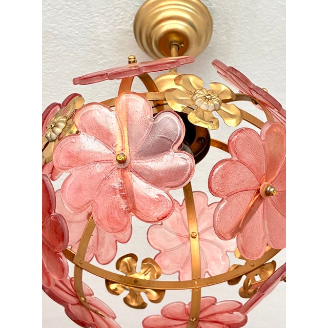 1970s Mid-Century Modern Style Hand-Painted Salmon Pink Glass Floral Globe Chandelier⁠ For Sale - Image 11 of 17