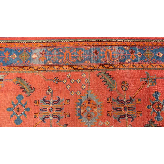 Salmon Antique Turkish Oushak Colorful Rug With All-Over Design in Salmon and Blue's 7'9"x12'4" For Sale - Image 8 of 11