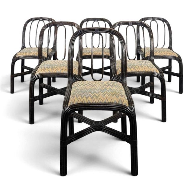 Black Lacquered Rattan Chairs with Fabric Seats, 1970s, Set of 6 For Sale - Image 10 of 10