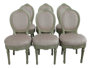 Antique Louis XVI Celadon Green Medallion Cabriolet Chairs, 1780, Set of 6