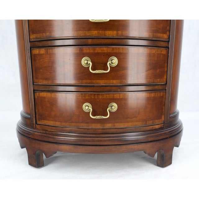 Pair of 4 Drawer Banded Top Demi Lune Consoles Dressers Brass Drop Pulls MINT! For Sale - Image 11 of 16