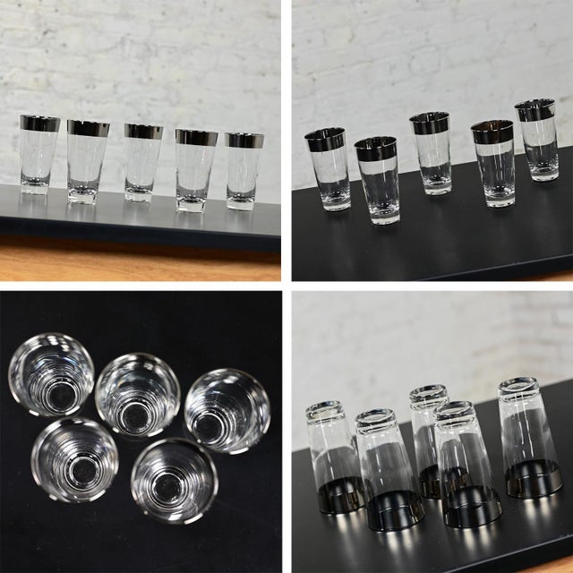Mid-20th Century MCM Dorothy Thorpe Allegro Style Silver Banded Set 5 Tumblers 4 Stems With Black Kraftware Ice Bucket For Sale - Image 10 of 12