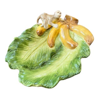 Vintage Kaldun & Bogle Zanzibar Majolica Monkey & Banana Leaf Platter, 10" For Sale