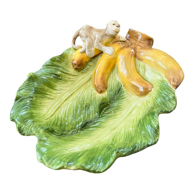 Vintage Kaldun & Bogle Zanzibar Majolica Monkey & Banana Leaf Platter, 10" For Sale