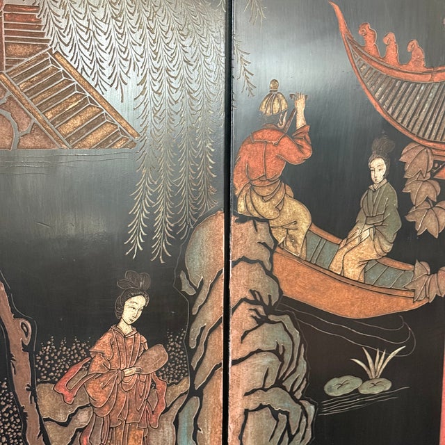 Monumental Antique Chinese Double-Sided Black Lacquer Six-Panel Screen For Sale In Los Angeles - Image 6 of 8