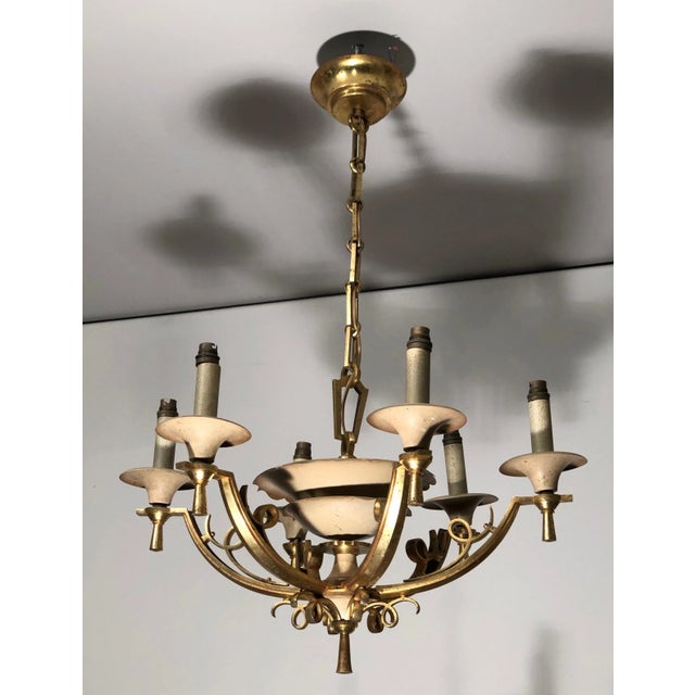 Art Deco Lacquered Metal and Brass Chandelier, circa 1940 For Sale - Image 3 of 13