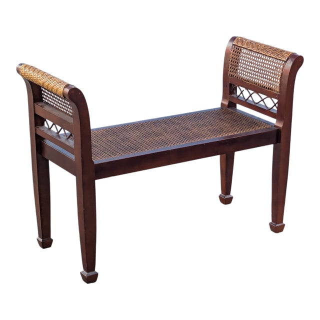 1970s Empire Style Solidwood and Cane Bench For Sale