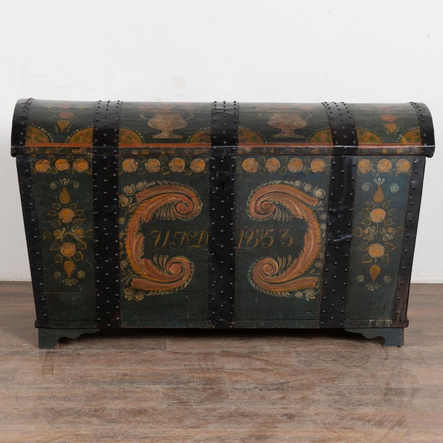 Original Green Painted Swedish Dome Top Trunk Dated 1853 For Sale - Image 4 of 13