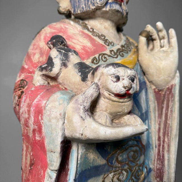 Large Polychrome Wooden Temple Figures on Lotus Bases, Korea, 19th Century, Set of 2 For Sale - Image 6 of 18