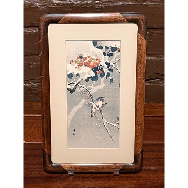 Late 20th Century Japanese Woodblock Prints Yoshimoto Gesso Bird Bamboo Snow Framed - Set of 2 For Sale - Image 9 of 14