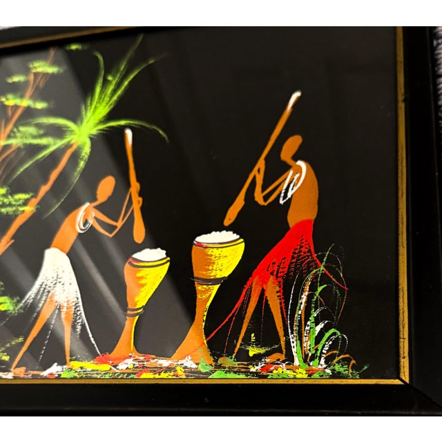 This artwork is a vintage Mid-Century Modern African folk art painting, heavily inspired by the signature style of the...