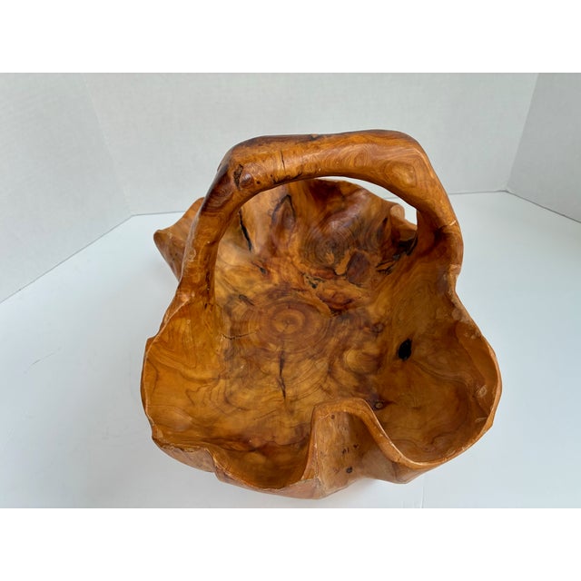 Mid-Century Modern Vintage Hand-Carved Burl Wood Bowl – Large Organic Basket-Style Decorative Centerpiece For Sale - Image 3 of 11