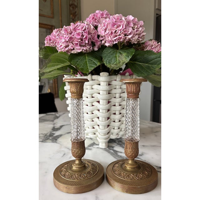 French Antique French Empire Revival Gilt Brass & Cut Glass Candlesticks - A Pair For Sale - Image 3 of 13