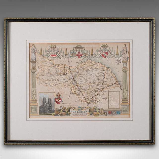 This is an antique lithography map of North Yorkshire. An English, framed atlas engraving of cartographic interest, dating...
