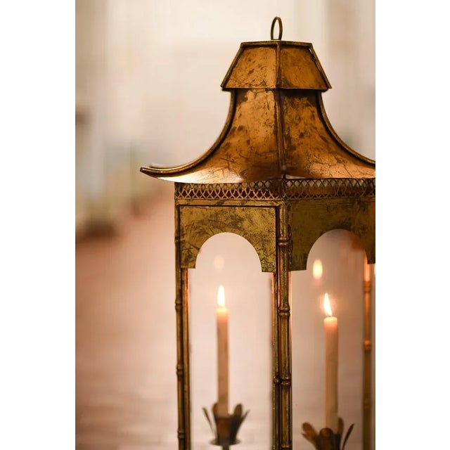 Large French Lantern in Golden Metal, 1970s For Sale - Image 3 of 6