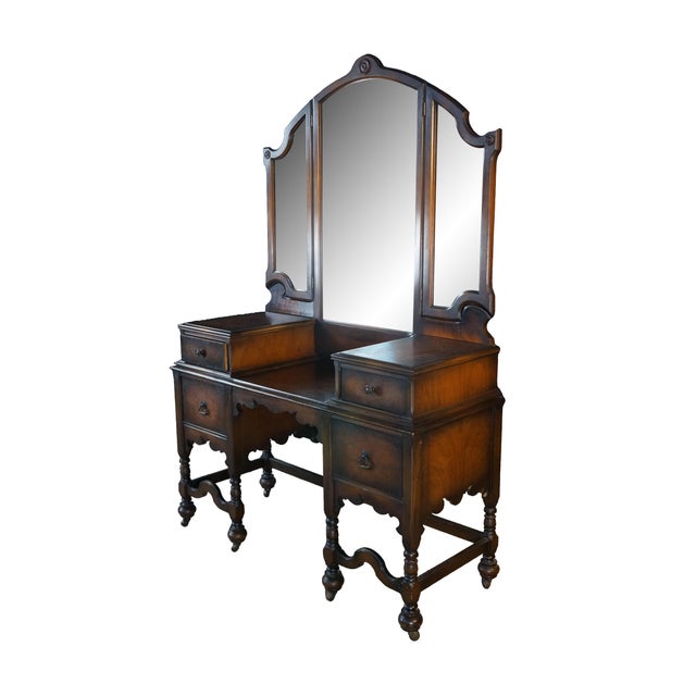 Gothic Antique Jacobean Gothic American Walnut Vanity Dressing Table Tri Fold Mirror For Sale - Image 3 of 18