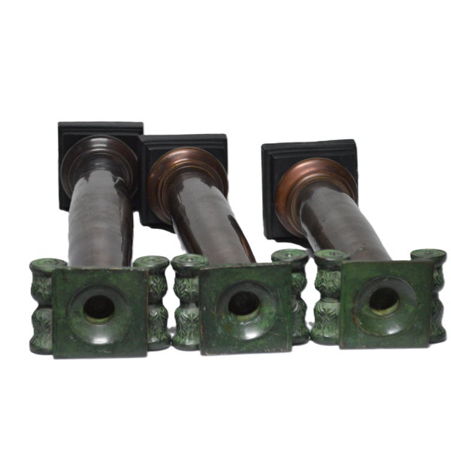 Transitional 1980s Castilian Imports Bronze Iron Ionic Column Corinth Candleholders - Set of 3 For Sale - Image 3 of 8