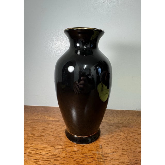 Japanese Hand Painted Vase 8” Black With Gold Rim & Floral Design Collectible For Sale - Image 4 of 10