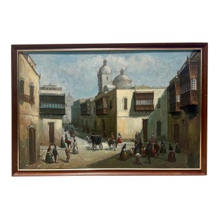 Streetscape Oil Painting by Peruvian Artist Roger Vejarano Mesarina For Sale